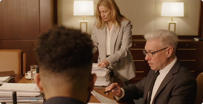 Attorneys reviewing documents in a conference room