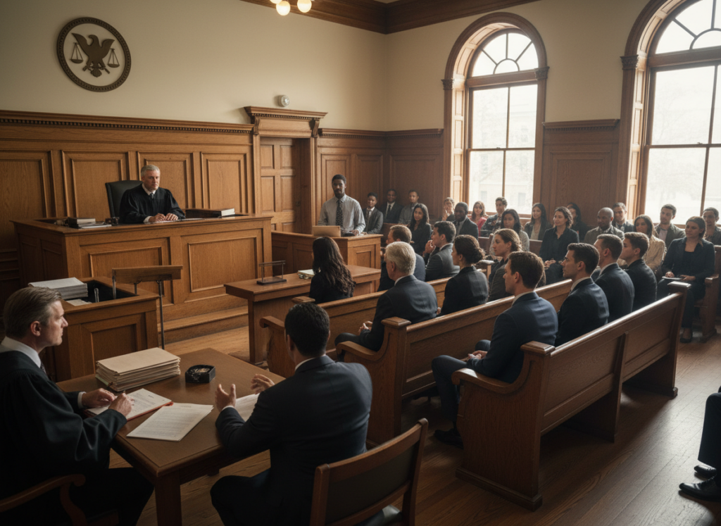 Courtroom hearing with judge, attorneys, and attendees